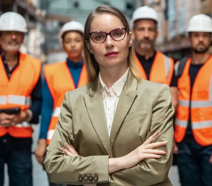 Frau mit Brille, weißer Bluse und beiger Jacke im Vordergrund. Im Hintergrund Techniker mit orangen Schutzjacken und weißen Schutzhelmen.